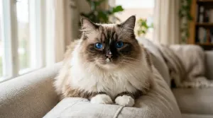 Bicolor Ragdoll cat with striking blue eyes sitting comfortably on a living room sofa