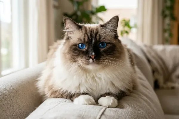 Bicolor Ragdoll cat with striking blue eyes sitting comfortably on a living room sofa