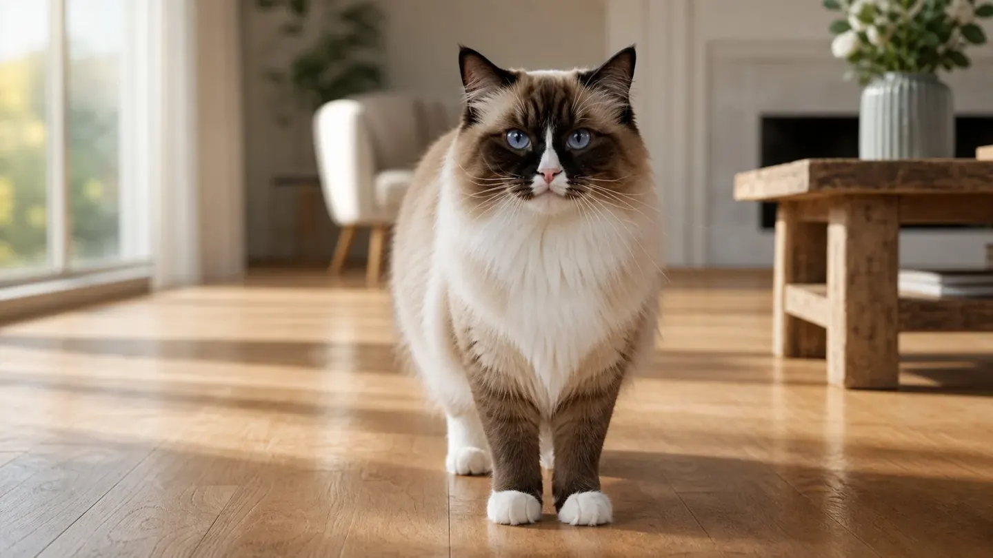 Mitted Ragdoll cat displaying white paws and chin standing on a wooden floor