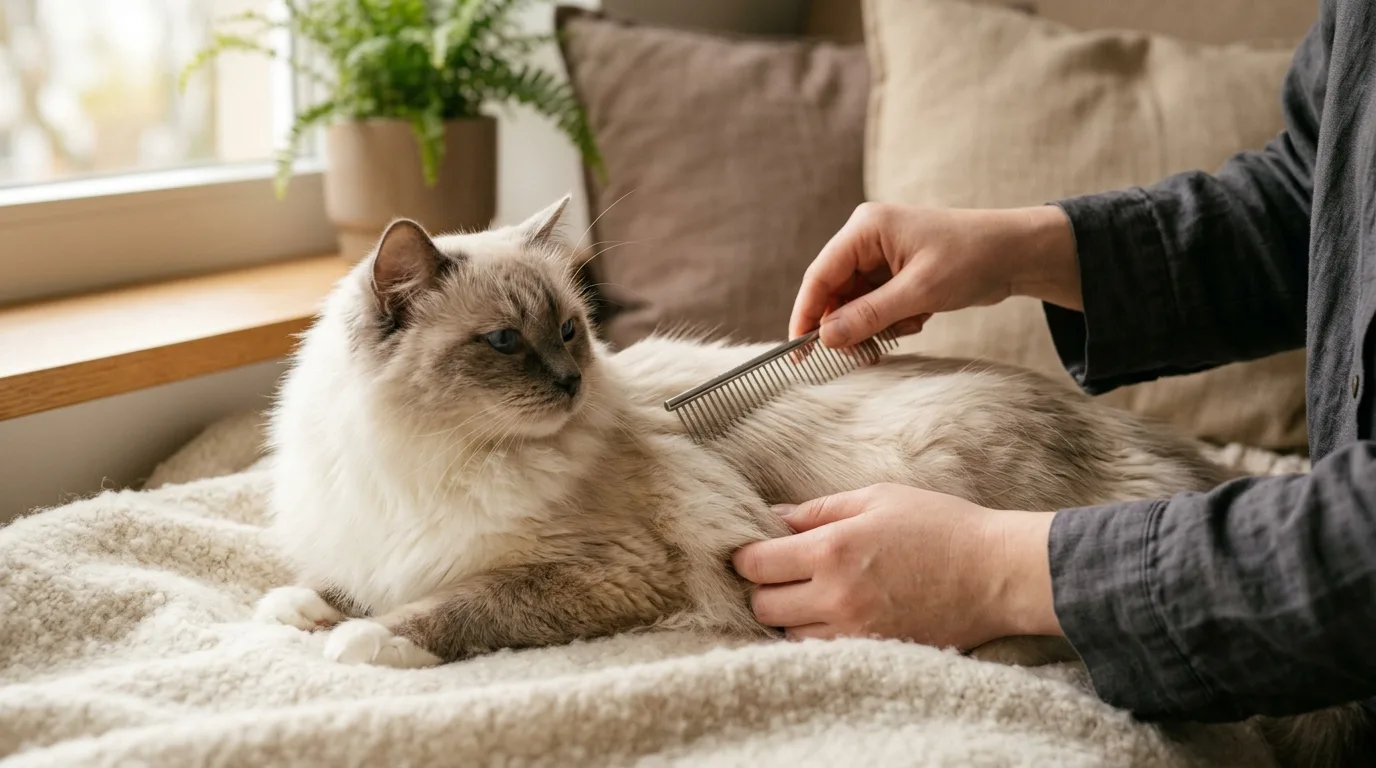 Grooming a Ragdoll cat's silky coat with a steel comb