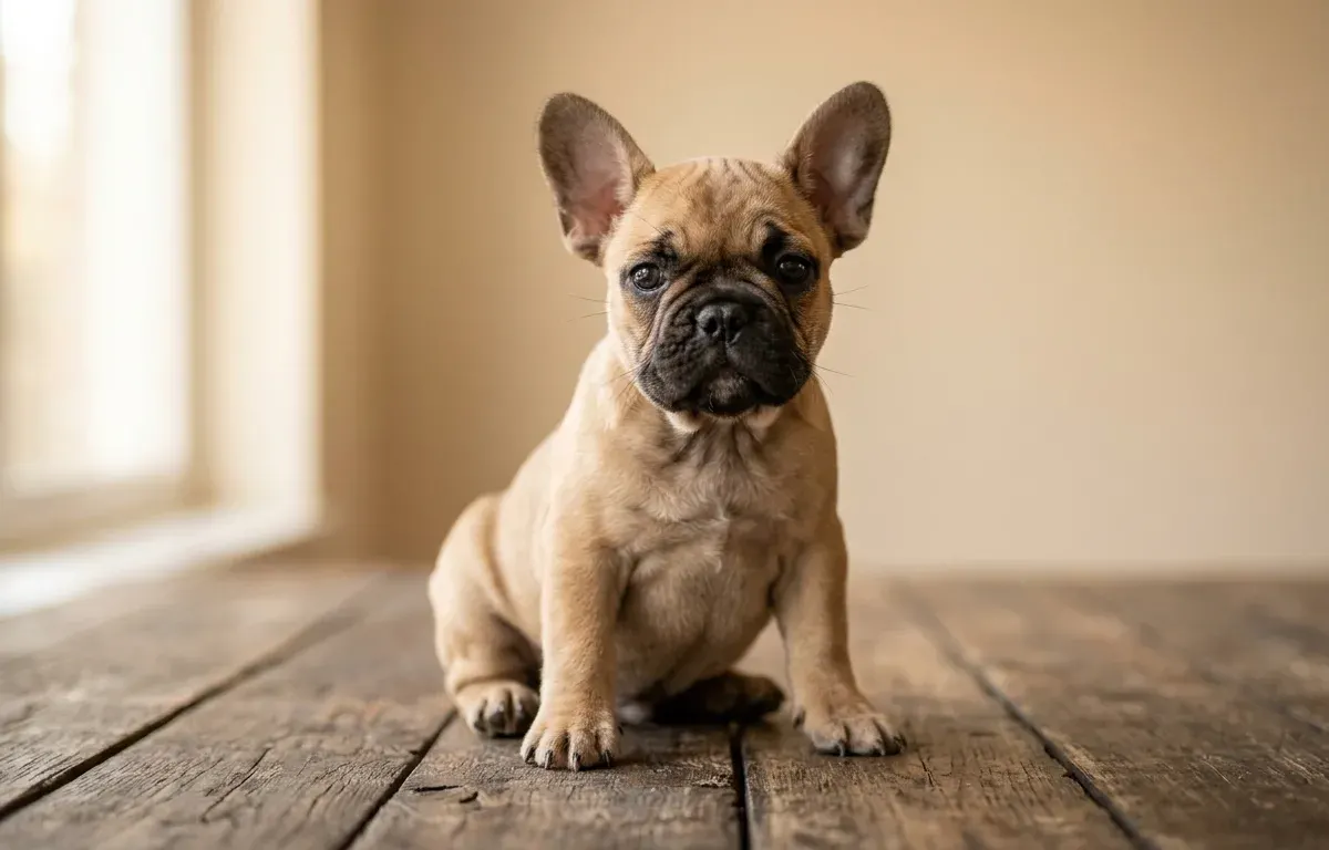 Purebred fawn French Bulldog puppy sitting indoors in natural soft lighting