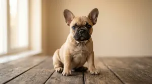 A standard purebred French Bulldog sitting on a wooden floor in a naturally lit living room