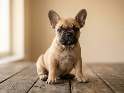 A standard purebred French Bulldog sitting on a wooden floor in a naturally lit living room