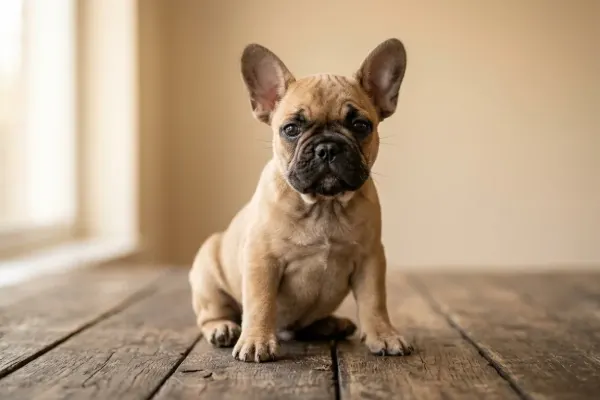Purebred fawn French Bulldog puppy sitting indoors in natural soft lighting