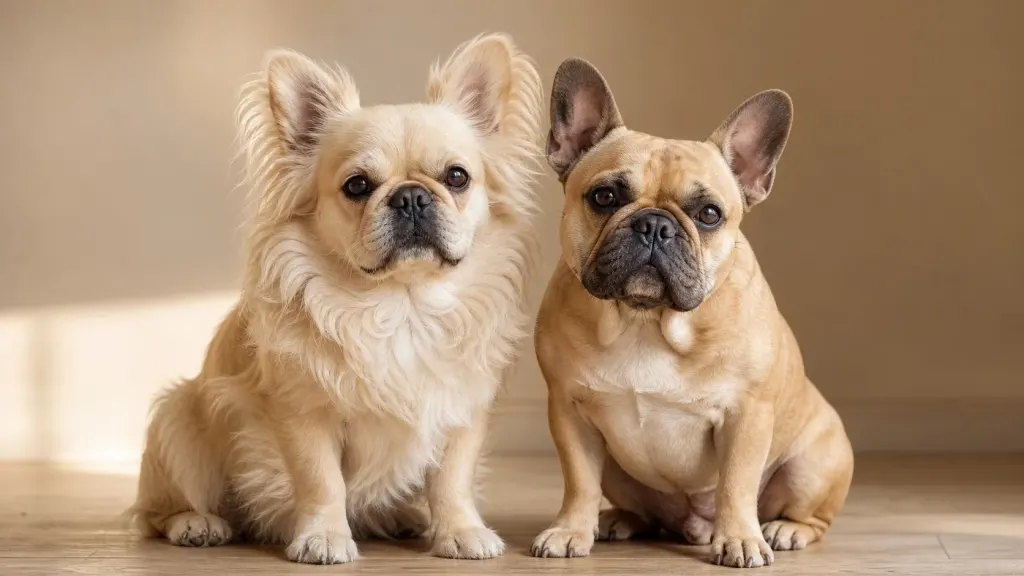 Comparison between a long-haired fluffy French Bulldog and a standard short-haired French Bulldog