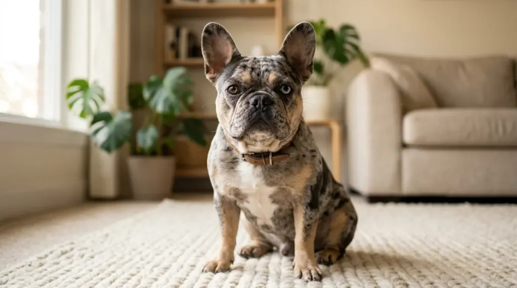 Close-up photo showing the merle coat pattern on a French Bulldog