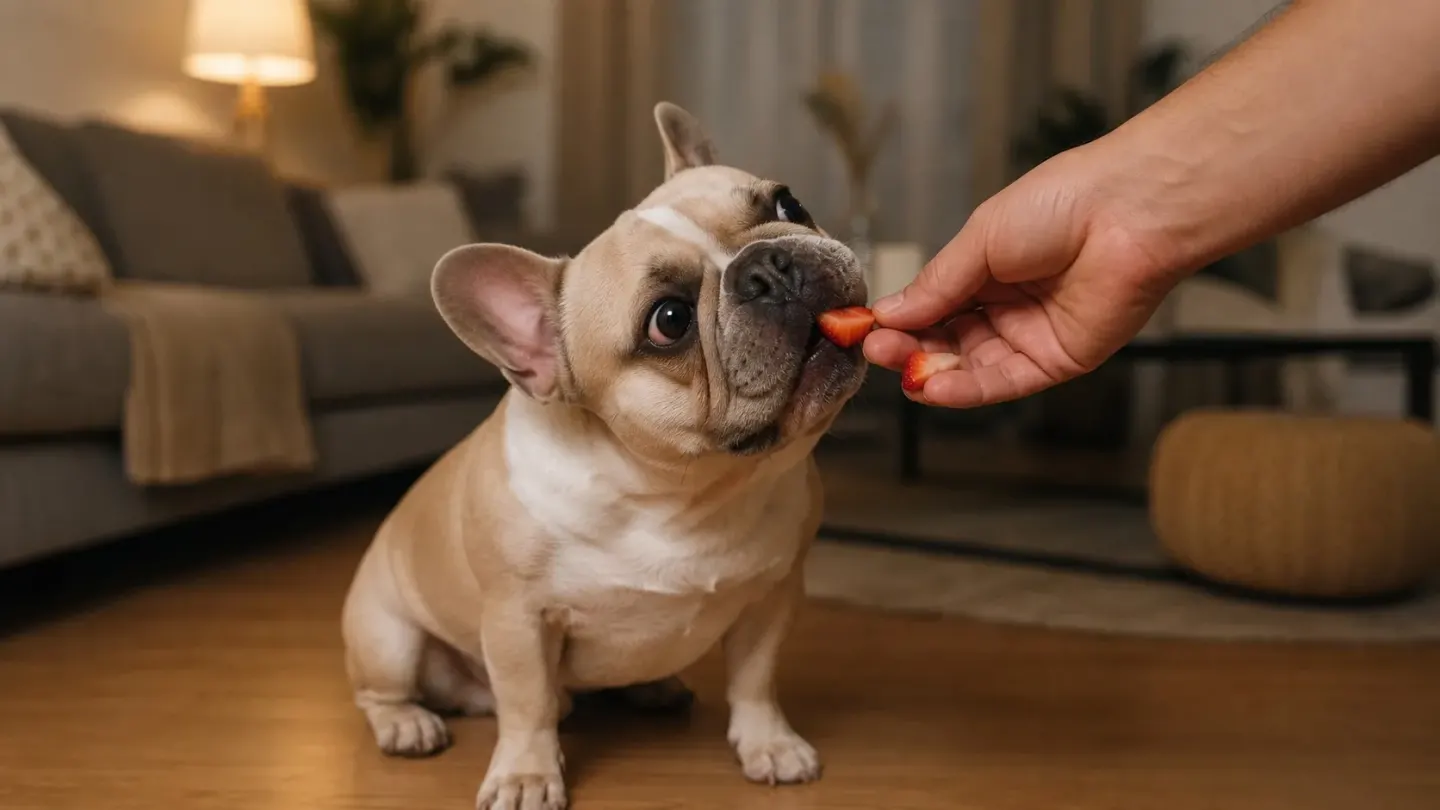 An owner giving sliced fresh strawberries as a safe treat to a French Bulldog.