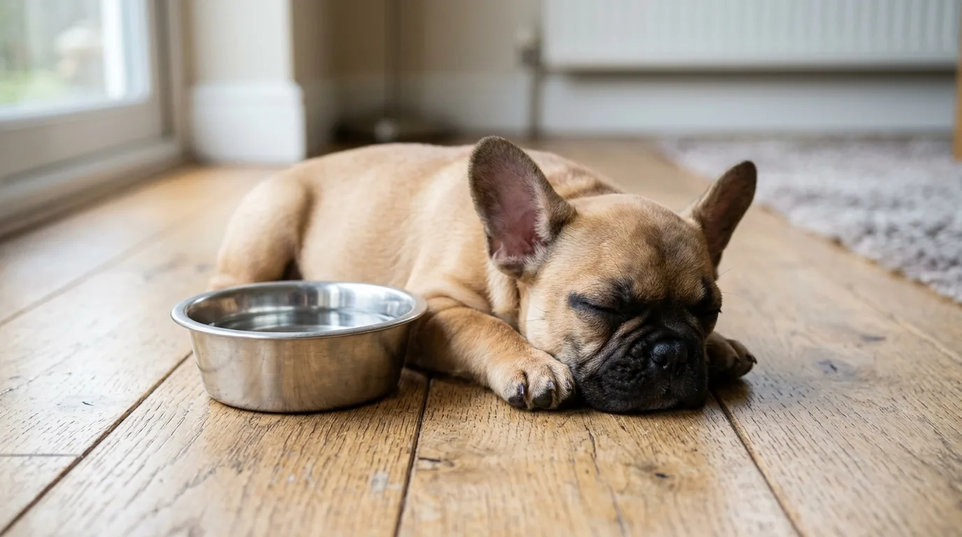 A French Bulldog puppy resting next to its water bowl during mealtime.