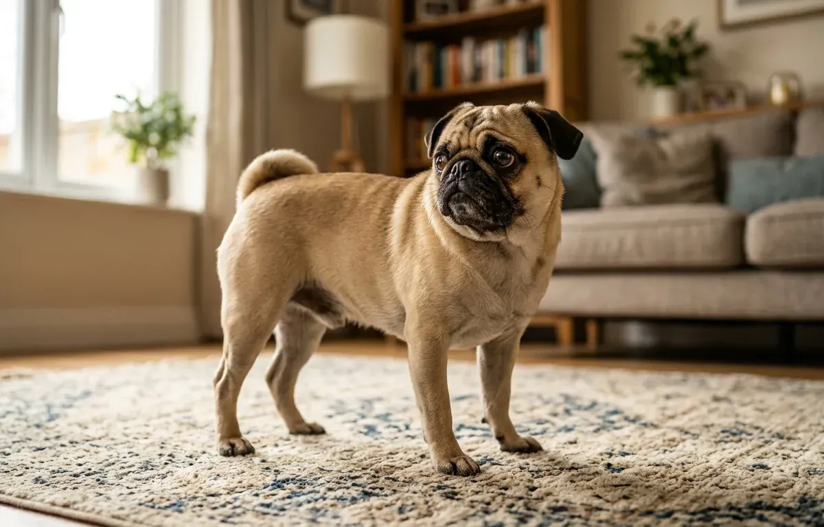 An anxious fawn Pug standing restlessly on a living room rug