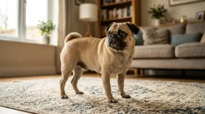 An anxious fawn Pug standing restlessly on a living room rug