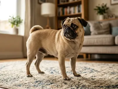 An anxious fawn Pug standing restlessly on a living room rug