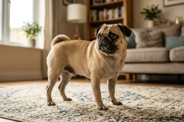 An anxious fawn Pug standing restlessly on a living room rug