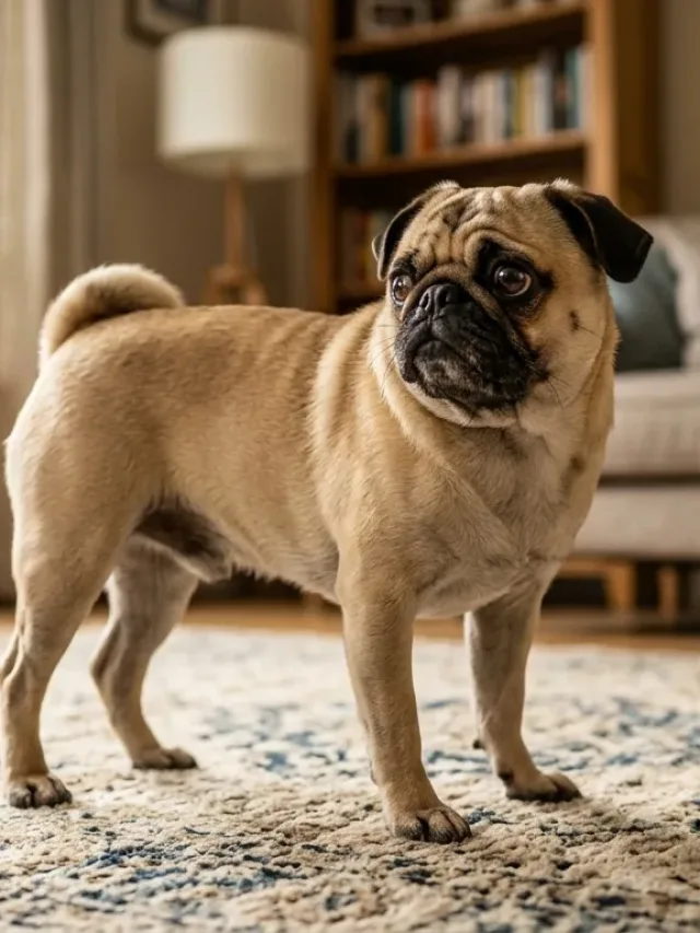 An anxious fawn Pug standing restlessly on a living room rug