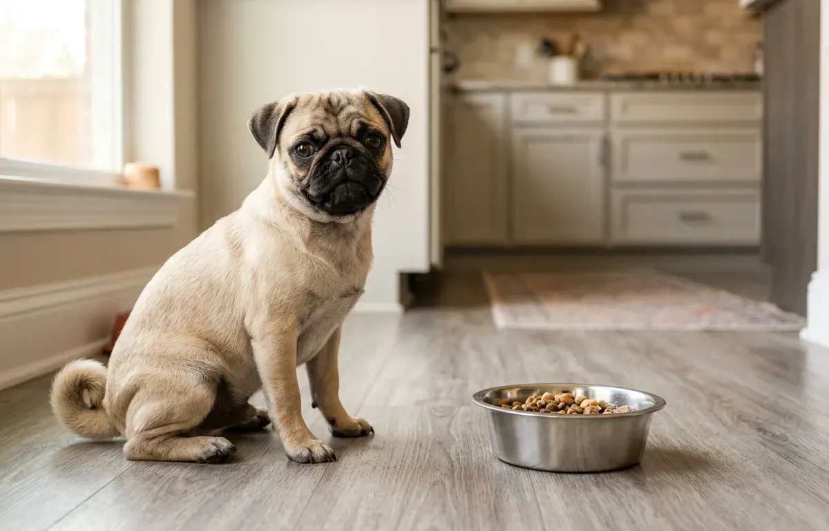 Fawn pug sitting next to a bowl of dog food in a home kitchen.