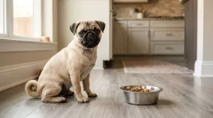 Fawn pug sitting next to a bowl of dog food in a home kitchen.