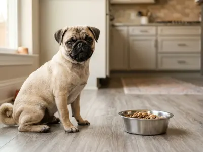 Fawn pug sitting next to a bowl of dog food in a home kitchen.