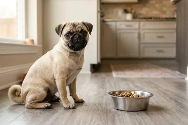 Fawn pug sitting next to a bowl of dog food in a home kitchen.