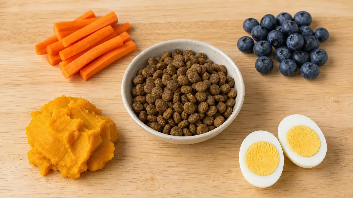Assortment of pug-safe foods including kibble, carrots, blueberries and egg.
