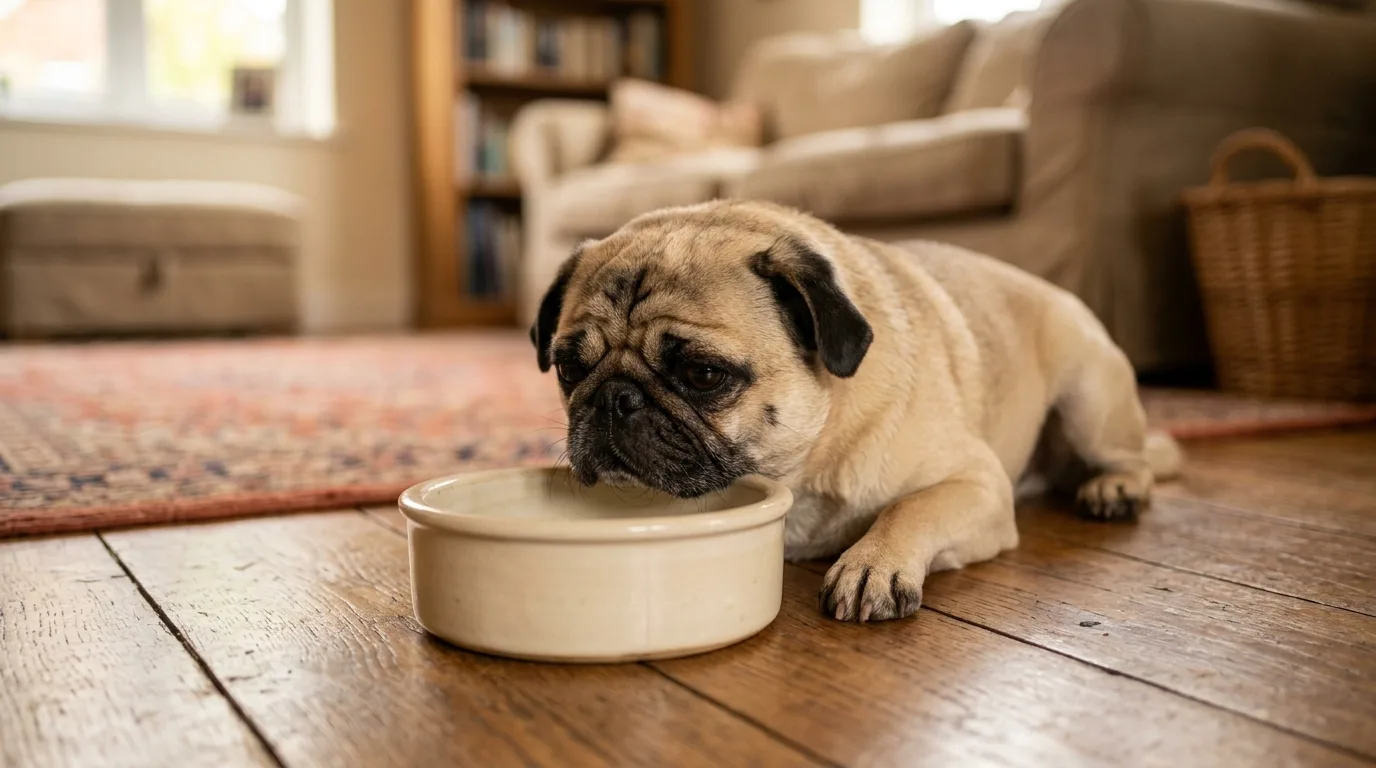 Fawn pug lying down near an empty food bowl indoors.