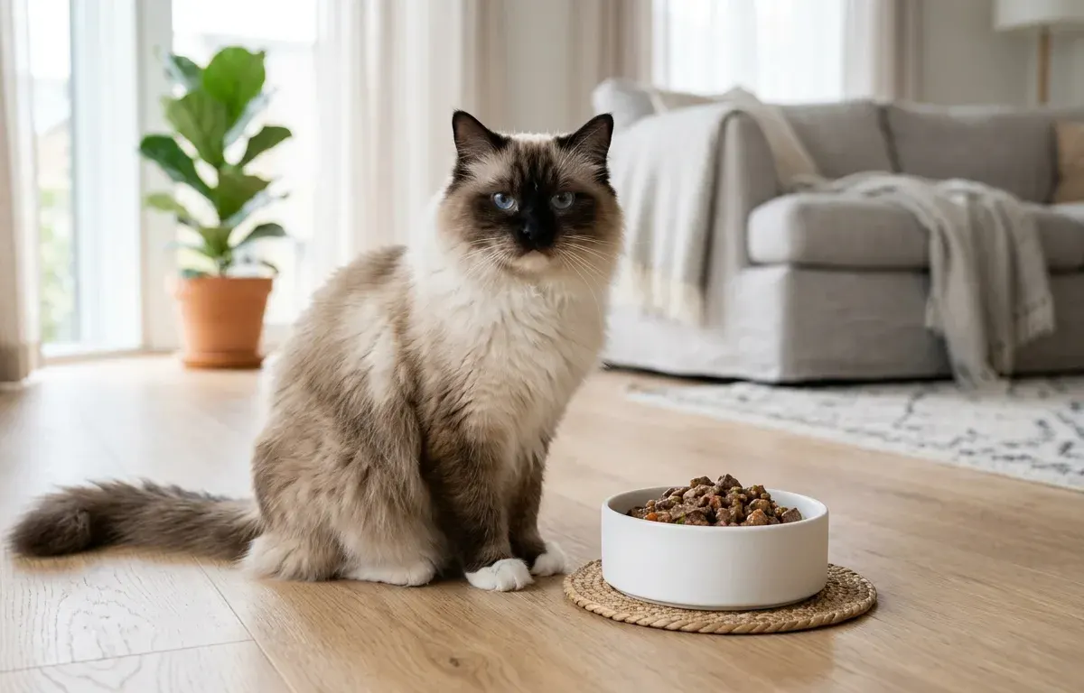 A fluffy Ragdoll cat sitting next to a food bowl in a bright room
