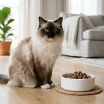 A fluffy Ragdoll cat sitting next to a food bowl in a bright room