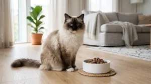 A fluffy Ragdoll cat sitting next to a food bowl in a bright room