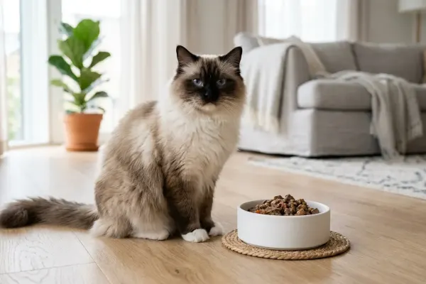 A fluffy Ragdoll cat sitting next to a food bowl in a bright room