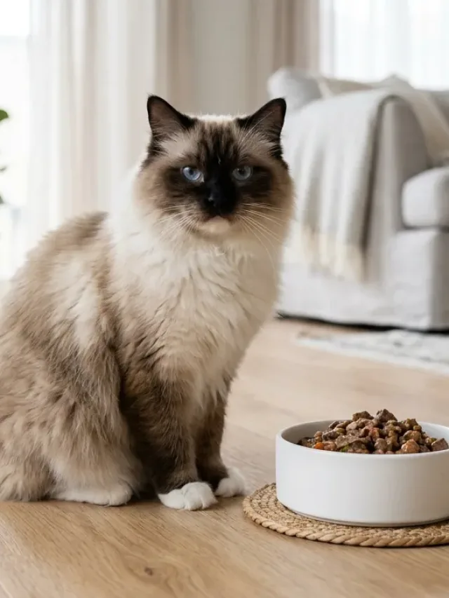 A fluffy Ragdoll cat sitting next to a food bowl in a bright room