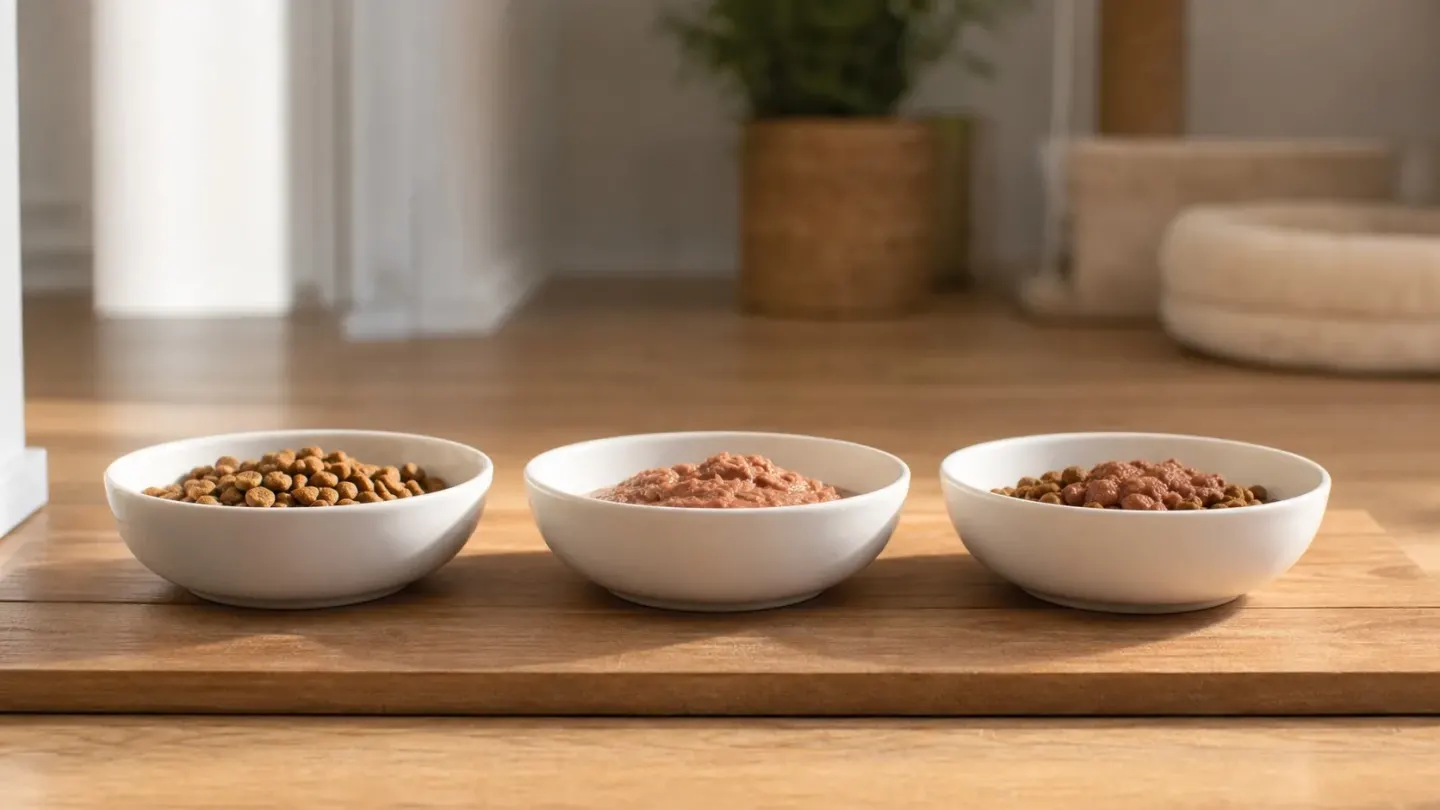 Three cat bowls showing dry kibble and wet cat food options