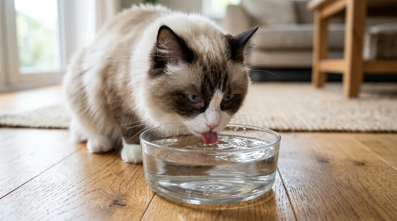 A Ragdoll cat drinking fresh water from a glass bowl