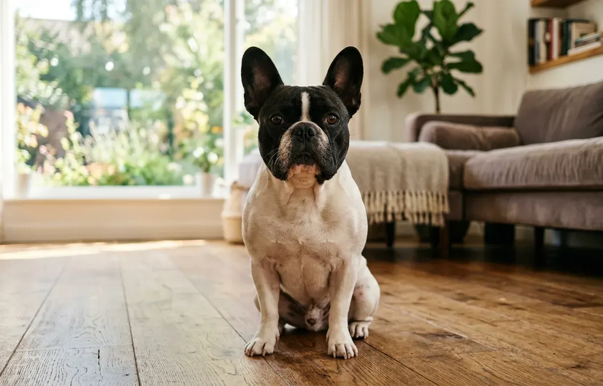 A French Bulldog with erect bat ears and compact muscular build sitting in a sunlit room.