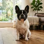 A purebred fawn French Bulldog showing erect bat ears and a short wrinkled muzzle in a studio setting