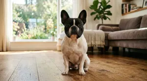 A purebred fawn French Bulldog showing erect bat ears and a short wrinkled muzzle in a studio setting