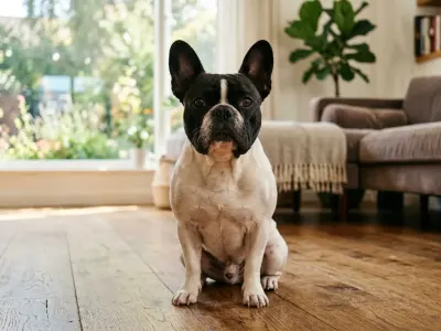 A purebred fawn French Bulldog showing erect bat ears and a short wrinkled muzzle in a studio setting