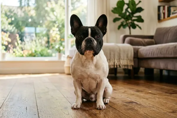 A purebred fawn French Bulldog showing erect bat ears and a short wrinkled muzzle in a studio setting