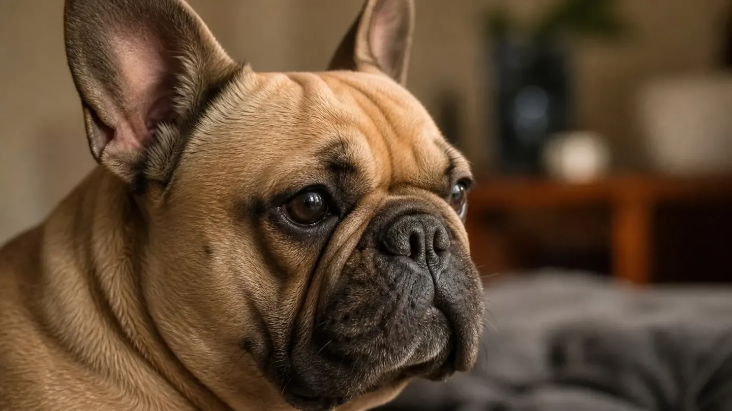 Close-up of a French Bulldog showing its facial wrinkles, dark eyes, and distinctive bat ears.
