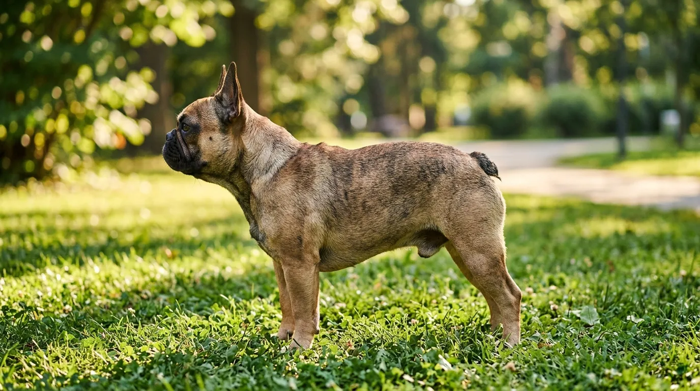 Side profile of a French Bulldog showing its roach back, stocky build, and coat pattern.