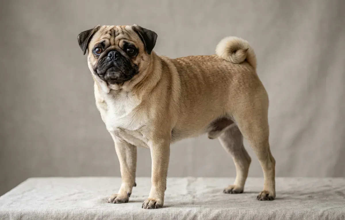 A fawn Pug dog standing on a plain backdrop showing its square body and wrinkled face