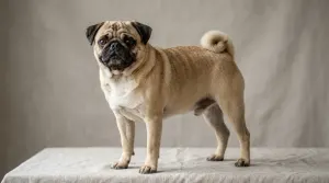 A fawn Pug dog standing on a plain backdrop showing its square body and wrinkled face