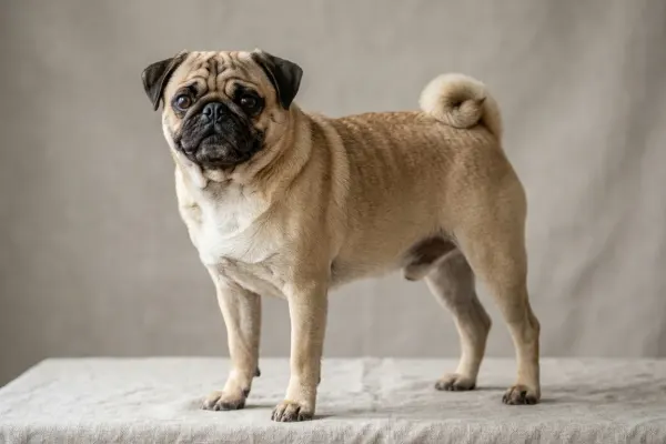 A fawn Pug dog standing on a plain backdrop showing its square body and wrinkled face