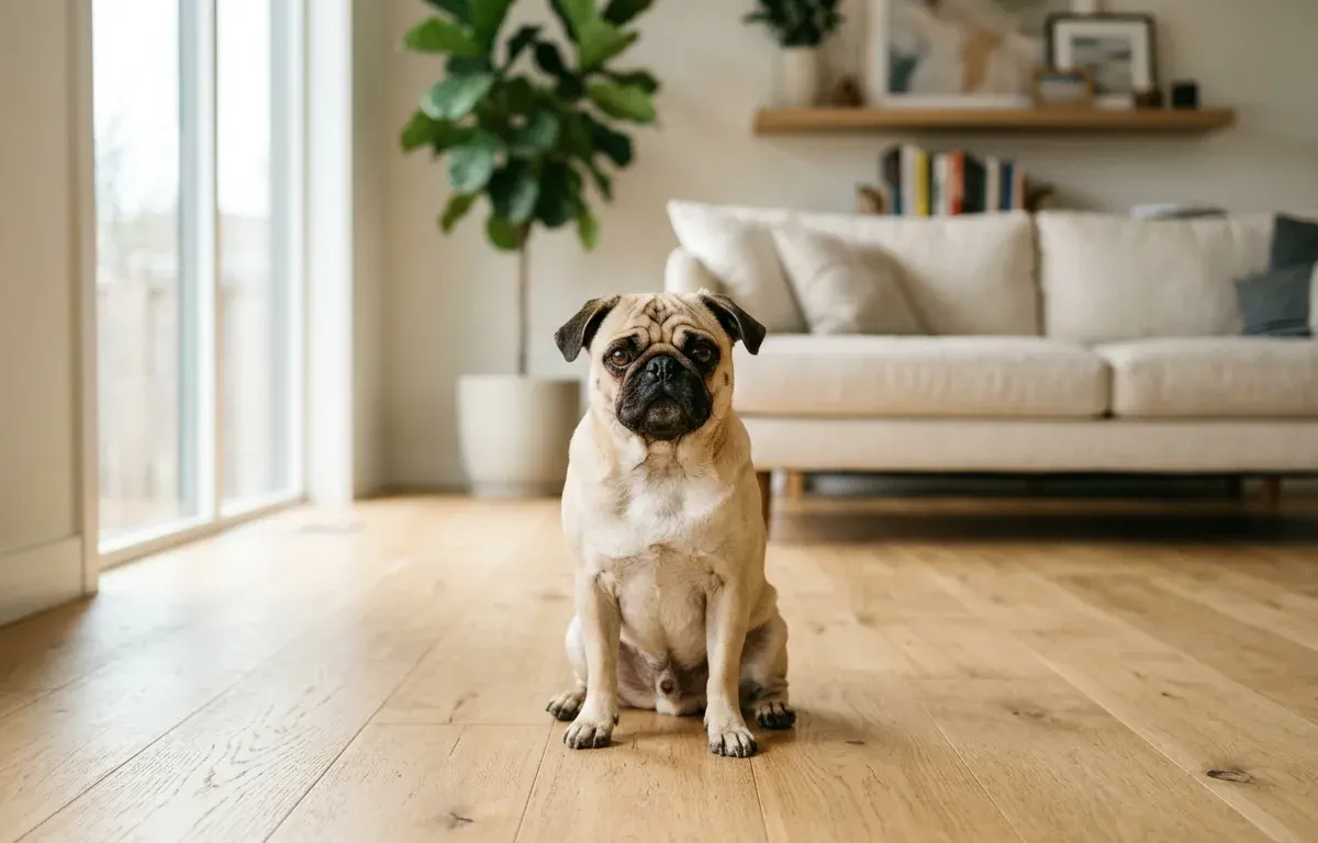 A Pug dog sitting comfortably in a bright room with its ears soft and tilted back.
