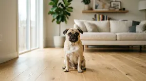 A Pug dog sitting comfortably in a bright room with its ears soft and tilted back.