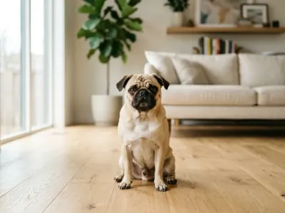 A Pug dog sitting comfortably in a bright room with its ears soft and tilted back.