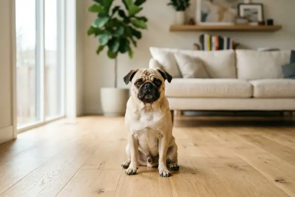 A Pug dog sitting comfortably in a bright room with its ears soft and tilted back.