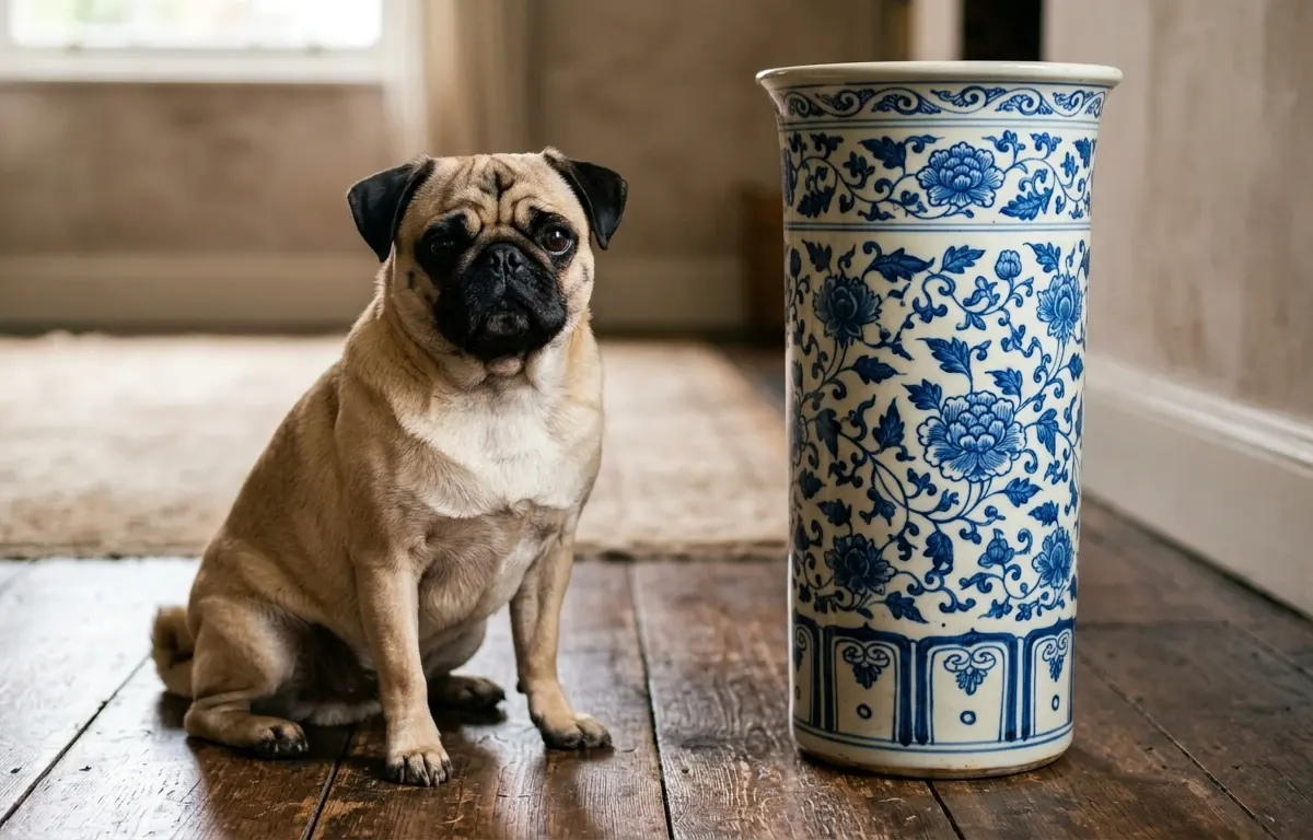 Fawn Pug sitting on a hardwood floor showing classic breed features including facial wrinkles and dark mask.