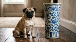 Fawn Pug sitting on a hardwood floor showing classic breed features including facial wrinkles and dark mask.