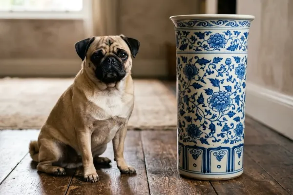 Fawn Pug sitting on a hardwood floor showing classic breed features including facial wrinkles and dark mask.