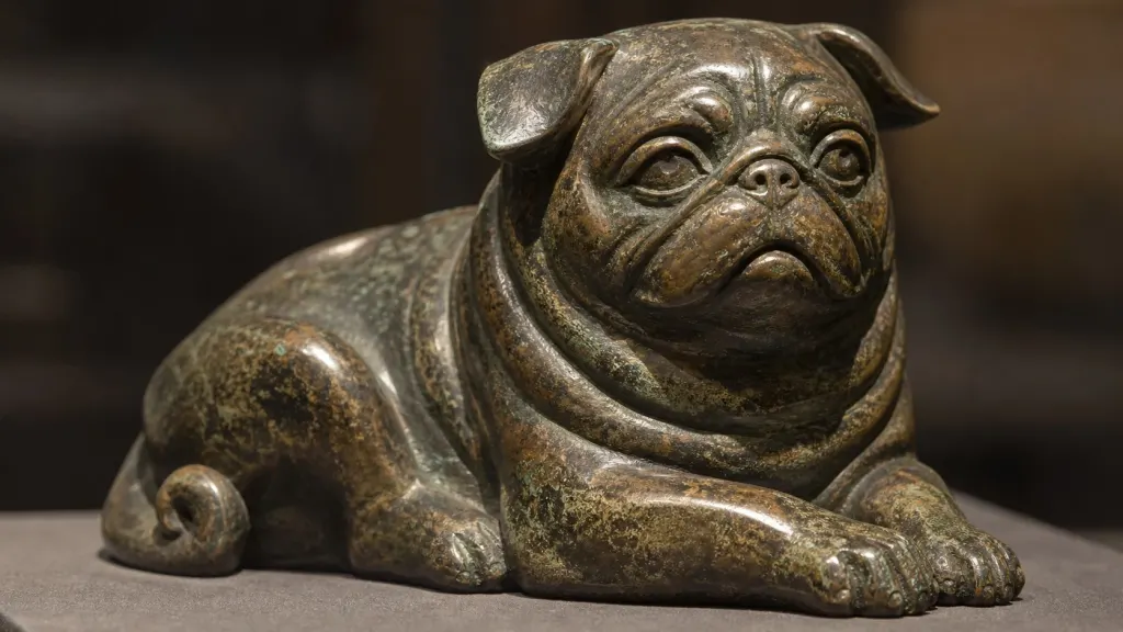 Artistic rendering of an ancient Chinese Lo-sze lapdog on a silk cushion representing the origin of the Pug breed.