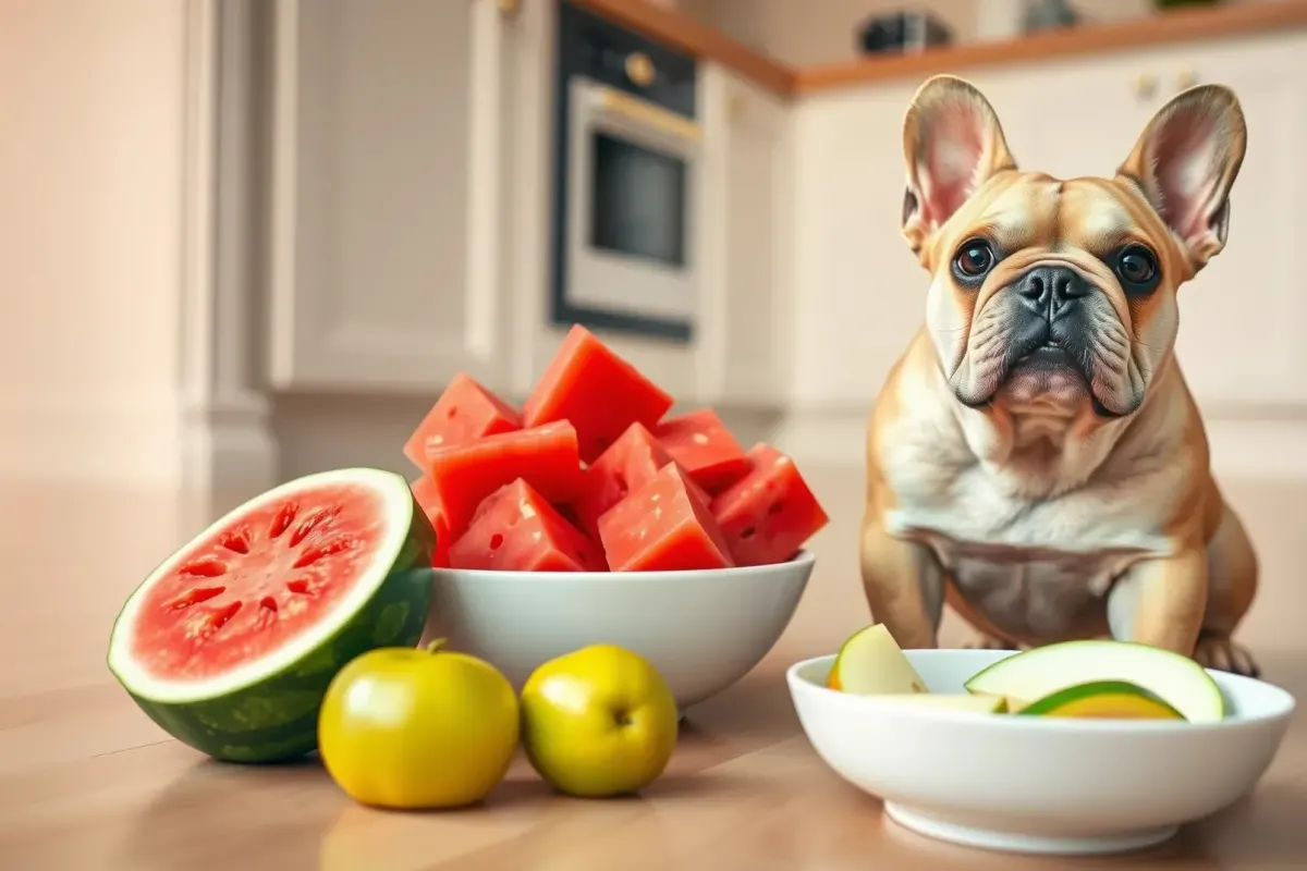 A French Bulldog sitting next to a bowl of fresh safe fruits on a kitchen floor.