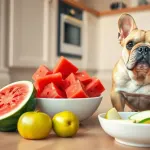 A French Bulldog sitting next to a bowl of fresh safe fruits on a kitchen floor.